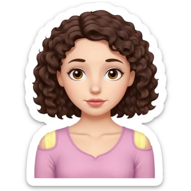 Aesthetic white girl with really long wavy/curly hair color dark brown, hair most be in front of the shoulders (hair in front of the shoulders). Big almond shape tired eyes color brown with dark circles, wide nose, natural lips, sweet expression. Dressed with a cute tight top color light pink. sticker