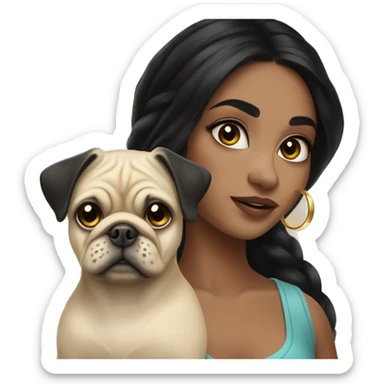 A young girl with long lashes  morena clara with long  black hair and small gold hoops  holding her pug and sticker