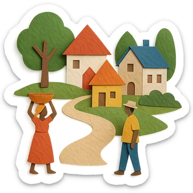 paper craft style village life with layered paper look, houses, trees, and villagers sticker