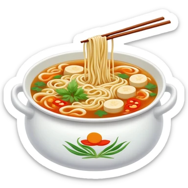 Yunnan Crossing the Bridge Noodles with raw ingredients and hot broth in special pot, simplified emoji style with bold outlines and bright colors, cartoon style unique serving method sticker