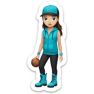 A landscaper in a beautiful turquoise hoody and turquoise rubber boots, black pants, and a black sleeveless shirt. On her head is a black color Swissotel baseball cap. The girl is a brunette with blue eyes. sticker