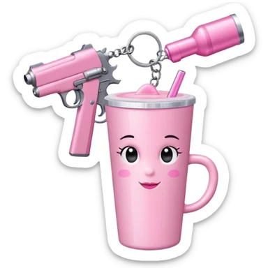 Minimalist figure with a cute pink aesthetic. It has a sparkly pink bow on its head, a pink gun keychain hanging nearby that is shooting up in the air, and is holding a large pink tumbler cup. The background is simple white with a soft shadow for a clean look. sticker