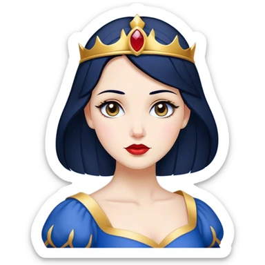 Cinematic Timeless Snow White Portrait Emoji, rendered in a clean, vector style. Depict Snow White with flawless porcelain skin, elegantly styled raven hair, and a serene, graceful expression, dressed in her classic blue and gold ensemble. The design features bold, simplified shapes, a soft, enchanting glow, and a subtle glowing outline, epitomizing pure, timeless beauty. sticker