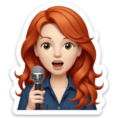 Fear of public speaking, white woman, long curly red hair, make hair more wavy and less puffy. Please add a microphone and have her mouth slightly open sticker