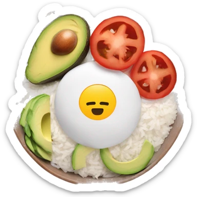 a big bowl with white rice, tomatoes, green sliced paprika, sliced avocado and pink joghurt sticker