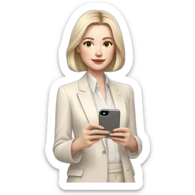 pale skin woman with ash blonde Straightened bob Hair, White Spacious classical jacket, beige palazzo Arrow pants and gray blouse holding white IPhone 15 pro in the hands sticker