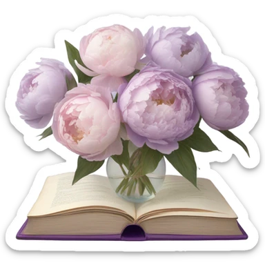 A vintage-inspired bouquet of pale violet and blush peonies resting on a lace-covered violet book. sticker