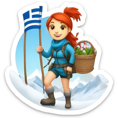 red hair female winter mountaineer climbing with Easter basket and Greek flag sticker