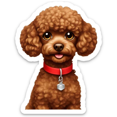 Brown toy poodle with a red colar sticker