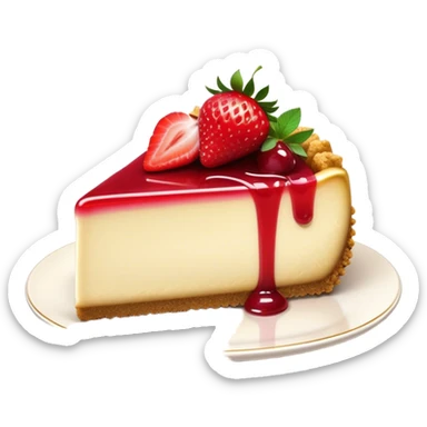 Cinematic creamy cheesecake, smooth and velvety, topped with fresh strawberries and a glossy fruit glaze, golden crumbly crust, beautifully plated, soft glowing background, indulgent and elegant. sticker