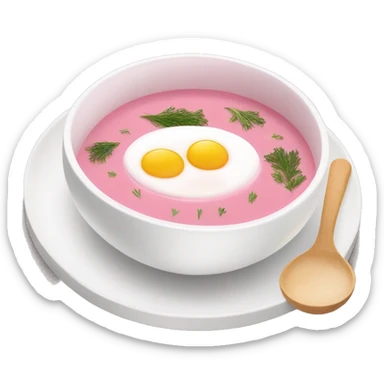White bowl of Pink soup no face, put a hard boiled egg on top of the soup as decoration that’s cut in half, some dill,   sticker