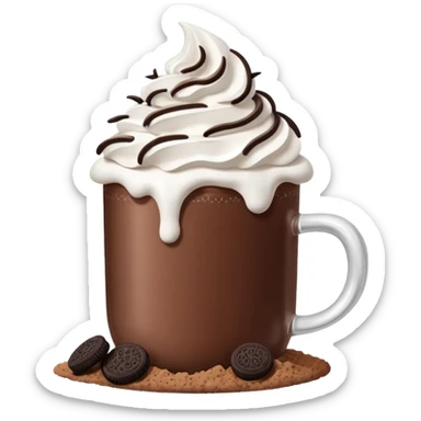 Hot chocolate with whipped cream and marshmallows on top of the whipped cream and also crunched Oreo crumbs. sticker