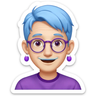 light blue haired man mid length hair with big ears and purple earrings and spectaclesi happy sticker