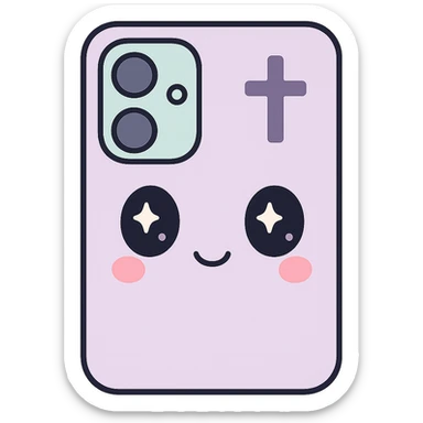 Make the white and black gothic kawaii phone case more minimal, reduce details, keep only one or two simple gothic symbols, big eyes, smiling, playful, cartoonish, no purse references, with no background. sticker