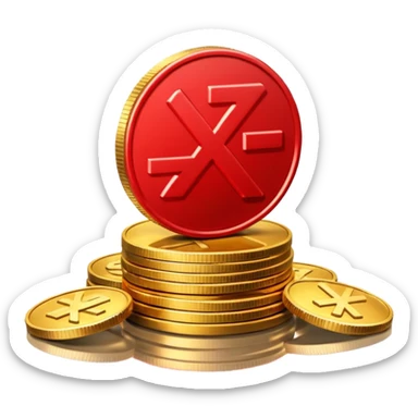 Apple emoji style, glossy 3D icon a red prohibition symbol (🚫) over a stack of shiny golden coins. The coins have soft reflections, rounded edges, and a small red X embossed on the top coin sticker