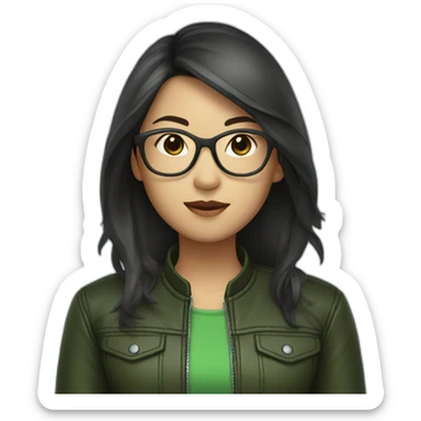 asian girl with glasses and a leather jacket with a green shirt and long dark hair sticker