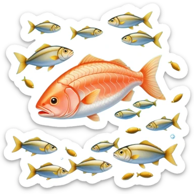 Golden omega-3 capsule beside several fatty fish (salmon, sardines), walnuts, and green leafy vegetables, all floating in blue waters near a glowing brain. Blue waves connect these omega-rich foods to the brain and heart, showing their health benefits. sticker