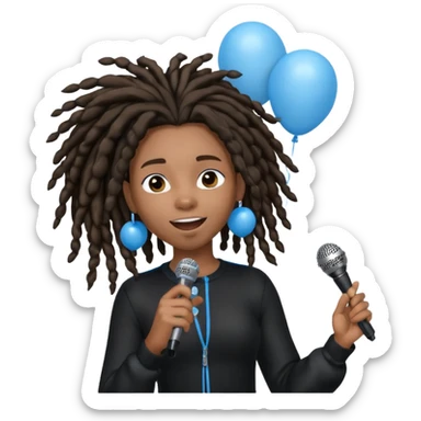 Black girl Stud with dreadlocks singing dressed in black 1,2,3 release em with white and blue balloons flying overhead emoji like with mic in hand  sticker