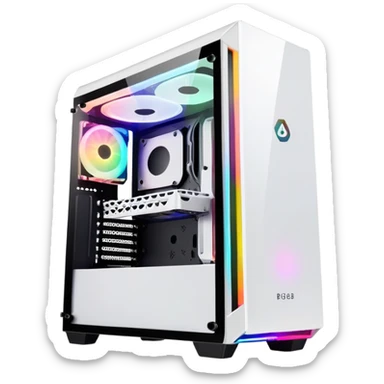 White gaming PC RGB mid-tower case with glass side panel in left and fron sticker