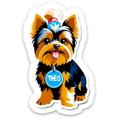 Yorkie with a dog tag that says theo sticker