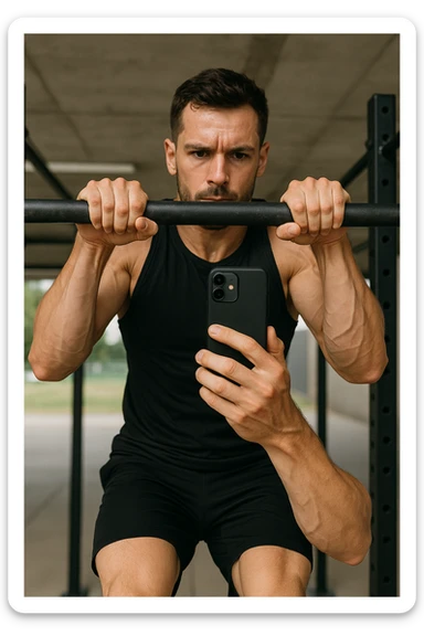 uomo che fa Muscle up e si sta filmando davanti con il telefonino per vedere la sua posizione dei gomiti e delle mani sulla sbarra sticker