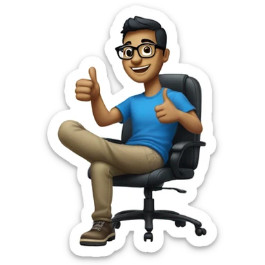 A cheerful young man with short black hair and stylish glasses, smiling broadly while giving a thumbs up. He is wearing a blue t-shirt, seated in a modern office chair against a softly lit, neutral background.  sticker
