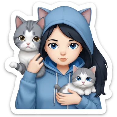 Girl with black hair in gray hoodie with a British shorthair blue and white cat and a long-haired blue and white cat sticker