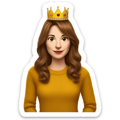 White English woman with long brown hair and face framing layered bangs dressed in a mustard yellow sweater with birthday crown and negroni in hand sticker