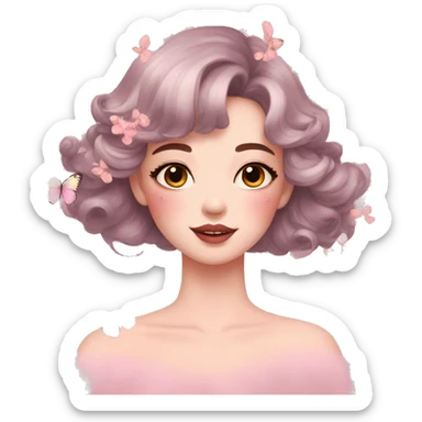 Gorgeous pastel lady with blushing face and butterflies aesthetic trending style sticker