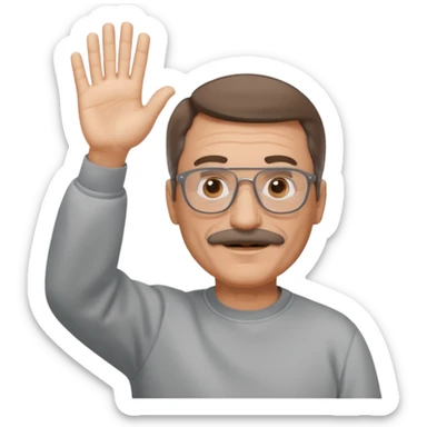 60 yr man partial brown hair parted in center, mustache, light glasses, sweatshirt waving hello sticker