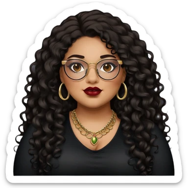 teen big plus size, latina, darker tan skin, gold jewelry, long black curly hair, baddie,pretty, makeup, dark red lipgloss, black eyeliner, long hair, black top, black glasses sticker