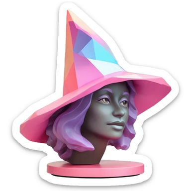 standalone sculpture witch hat is geometric, faceted design, on a hat display. The sculpture is angular and Alphonse Mucha style. The vibrant midtone tints of pastels and pink highlights the sharp edges and planes.  sticker