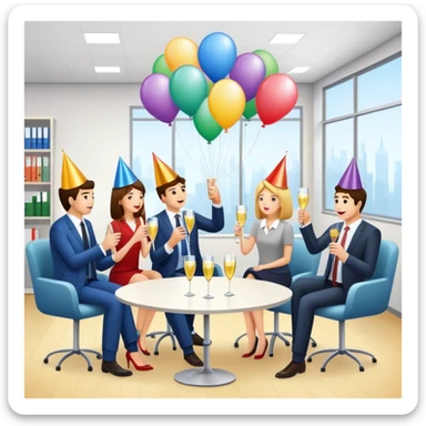 office party with coworkers celebrating, holding drinks and snacks, decorations and balloons in the background sticker