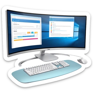 Create an emoji for UX/UI design. Show  large curved monitor displaying windows with UX/UI design interface. Include a mouse, keyboard, and stylus next to the screens. Use modern, professional colors. Do not include any emojis or smiley faces. Make the background transparent. sticker