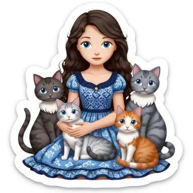 detailed realistic looking a dark grey and white cat regally sitting with six other cats, cuddling with their owner who is a pretty bratz lightly tanned white girl with long dark brown hair, blue eyes and gorgeous long wavy hair wearing a pretty detailed dress sticker