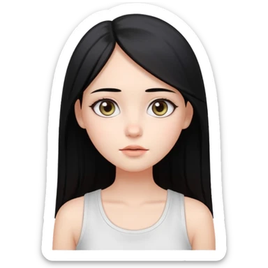 Smooth skin, soft shading, large expressive eyes, natural makeup. 
Long straight black hair, center part. 
Minimalistic and cute facial expression. 
White sleeveless top. 
Bright studio lighting, plain white background. 
High resolution, polished, modern, simple aesthetic. sticker