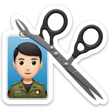 Floating black Scissors cutting in half an idf soldier ID card with a little chip in 2 parts sticker