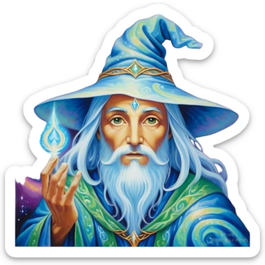 A luminescent enchanted Wizard, his ethereal presence shimmering with otherworldly energy, each detail radiating with mystical power and ancient wisdom. The painting, a masterpiece of acrylic art, captures the Wizards hauntingly beautiful visage in exquisite detail. Swirls of cosmic colors dance around him, evoking a sense of celestial wonder, while intricate patterns of glowing runes adorn his intricate robe. The image is vivid and captivating, drawing viewers into a mesmerizing realm of fantasy and magic. sticker