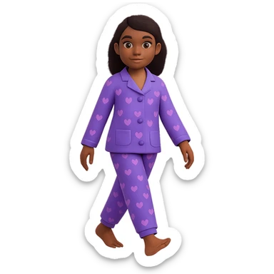Create an image of a girl walking in pajamas with brown skin in the style of 3D emoji, with no background. The style is 3D emoji but fallback to general for editing as 3D emoji style does not support editing. sticker