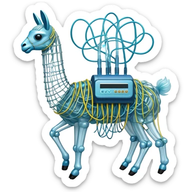 A high-tech llama made of electric wires and cables with rubber scales that reveal its electric skeleton, possessing both jellyfish-like tendrils and the ability to generate electrical pulses that illuminate the ocean depths. sticker