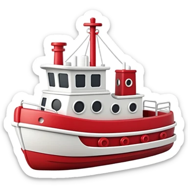 A wooden toy tugboat with a happy face and rosy cheeks sticker