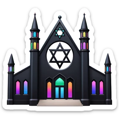 jewish synagogue temple in dark goth aesthetic style with black building and very light rainbow tint glass windows and star of david and celestial symbolism sticker