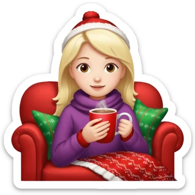Girl celebrate christmas on the sofa, with hot chocolate, warm sock, warm blanket sticker