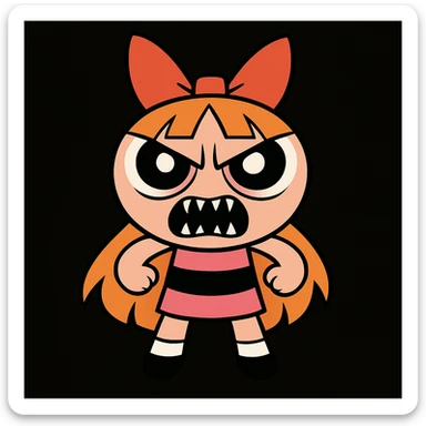 Make Blossom from Powerpuff Girls scary like the reference, with a menacing face, sharp teeth, intense eyes, but keep her signature pink dress and bow, cartoon style, black background. sticker