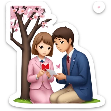 Japanese high school boy confessing love to a girl under cherry blossom tree with love letter sticker