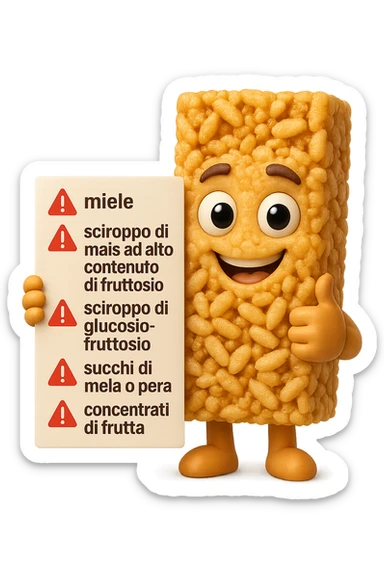 SU QUESTO STILE FAI UN EMOJI STILE IPHONE 3D DI UNa barretta ai cereali con ETICHETTA CON GLI INGREDIENTI SCRITTI, "miele, sciroppo di mais ad alto contenuto di fruttosio, sciroppo di glucosio-fruttosio, succhi di mela o pera,
concentrati di frutta" accanto ad ogni nome scritto mettici un segnale di allarme, FALLO MOLTO REALISTICO IN 3D sticker