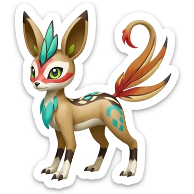 Tribal Colorful Exotic Fionbri-Kalon-Falvie-Vernid-Meloetta-Pokémon-Fakémon-Digimon-Spectrobe-hybrid-fusion, full body, with painted paint splash markings  sticker