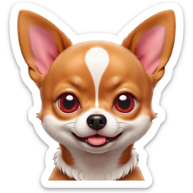 Cinematic Comical Red/White Short Haired Chihuahua Portrait Emoji, Head tilted dramatically with an exaggeratedly shocked or offended expression, short red and white fur with a striking contrast, wide, expressive dark eyes filled with exaggerated disbelief, Simplified yet hilariously expressive features, highly detailed, glowing with a slightly sassy glow, high shine, dramatic yet playful, stylized with an air of attitude, bright and endearing, soft glowing outline, capturing the essence of a sassy and over-the-top pup, so meme-worthy it feels like it could side-eye its way into internet fame instantly! sticker