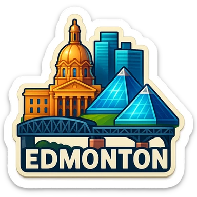 Remove the sky and clouds from the Edmonton emoji, keeping everything else exactly the same: the skyline with the Alberta Legislature Building, Muttart Conservatory, High Level Bridge, lifelike detail, accurate colors, bright lighting, wide city view. Maintain a fully transparent background and do not change anything else. sticker
