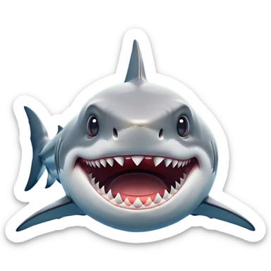 Cinematic Comical Great White Shark Portrait Emoji, Head tilted dramatically with an exaggeratedly shocked expression, featuring its iconic pointed snout, wide, comically expressive eyes, and a sleek body with a prominently defined dorsal fin, Simplified yet hilariously expressive features, highly detailed, glowing with a slightly sassy oceanic glow, high shine, dramatic yet playful, stylized with an air of cheeky marine mischief, soft glowing outline, capturing the essence of a meme-worthy great white shark that looks ready to side-eye its way into viral fame! sticker